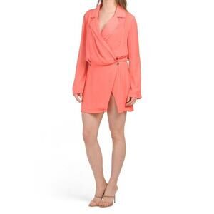 FREE PEOPLE Women's Simone Mini Dress V-Neck Long Sleeve Peach Lipgloss S New